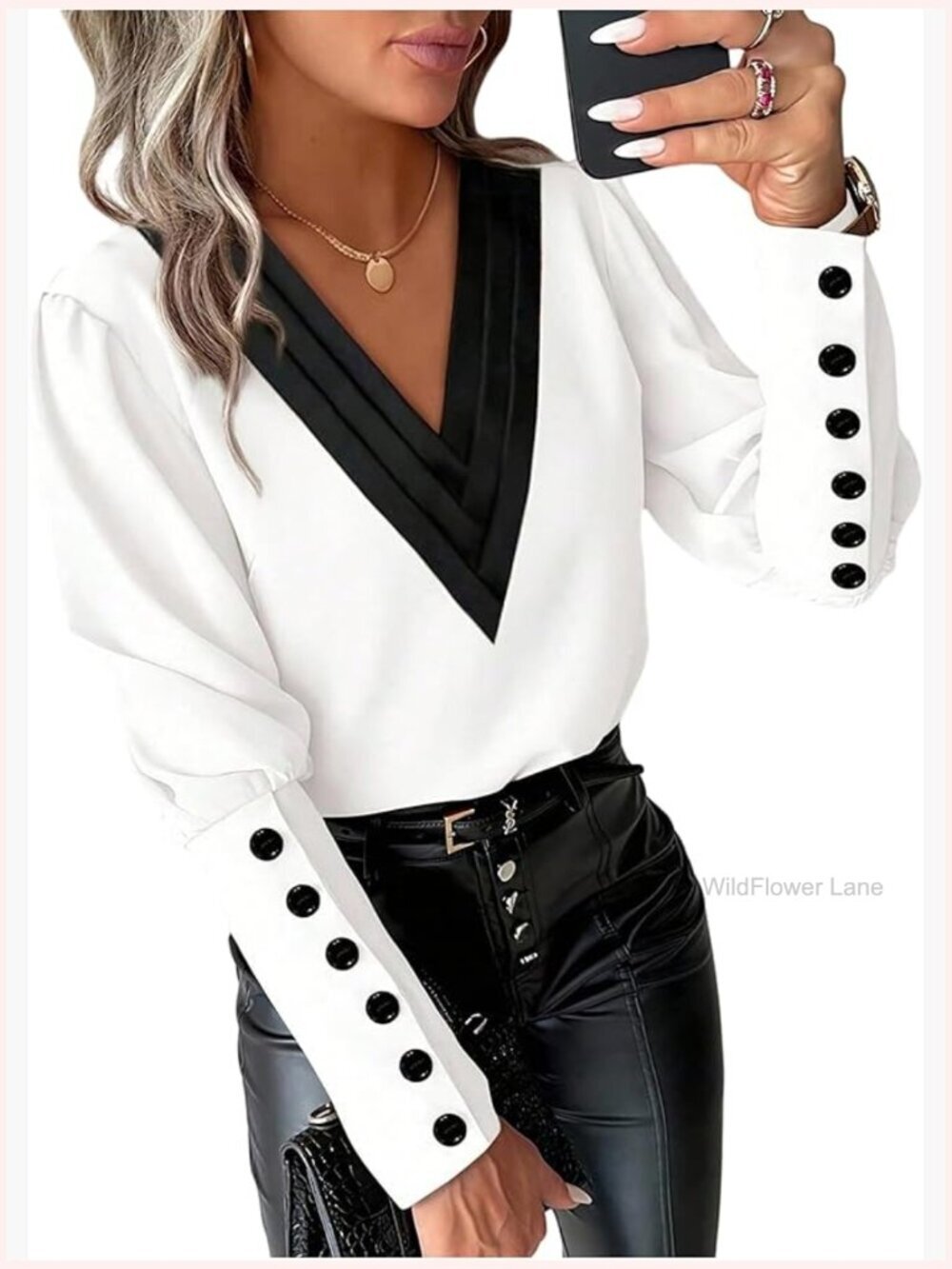 Women's V Neck Blouse Button Long Sleeve Casual Business Work Top